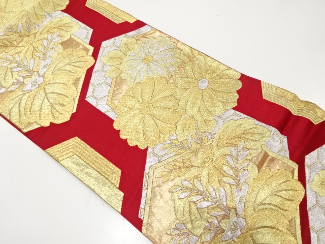 JAPANESE KIMONO / ANTIQUE FUKURO OBI / SILK / WOVEN KIKU & PAULOWNIA